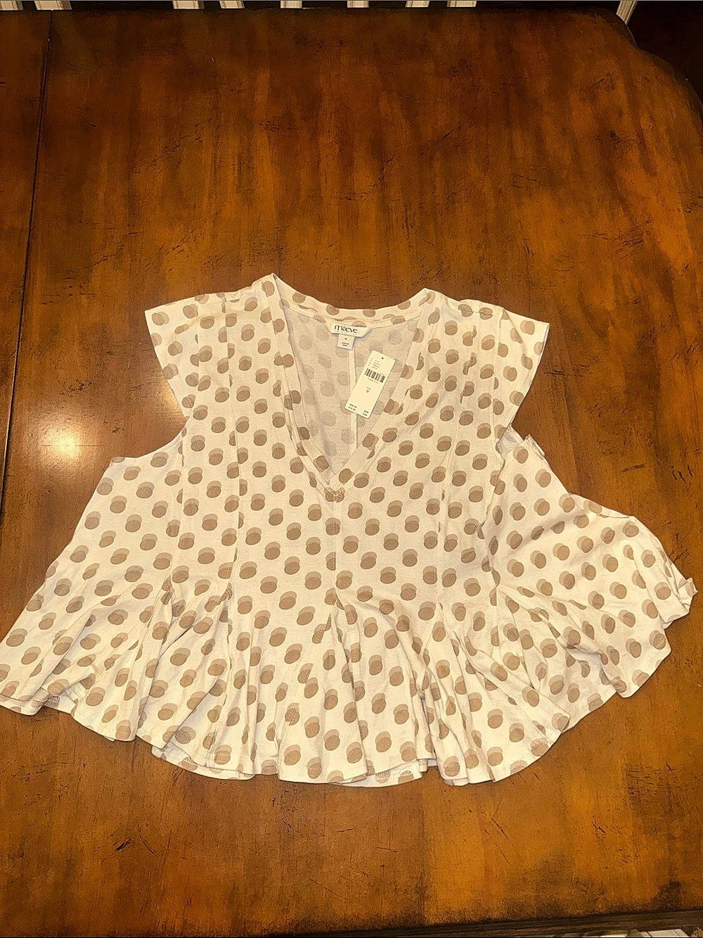 maeve Polka Dot Pleated Blouse in Cream & Brown Size Medium NWT